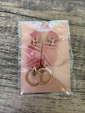Geometric Matte Pink Dangle Earrings with Gold Hoops